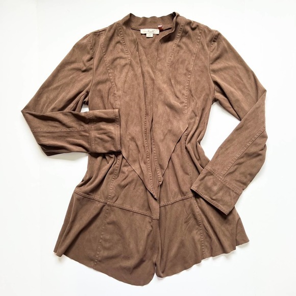 brown open front‎ cardigan faux suede long sleeve Size S/M Simply Noelle - Picture 8 of 12